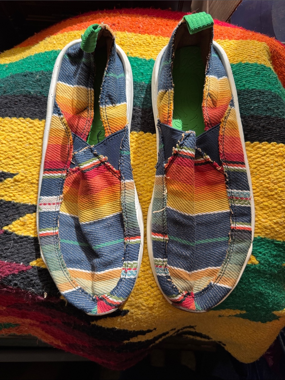 Sanuk Men's Stripe Canvas Slip-Ons in Navy, Yellow & Red
